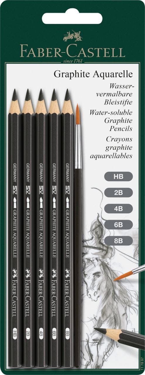 FaberCastell GRAPHITE AQUAREL Pencils Tin Set of 5 8B 6B 4B 2B HB Watersoluble